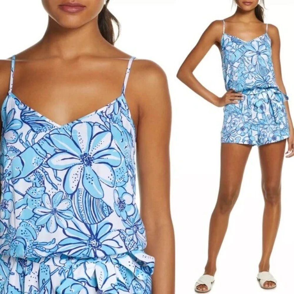 NWT Lilly Pulitzer Deanna Romper Succulent Blue Pop Up Coronado Crab Sz S - Picture 1 of 8